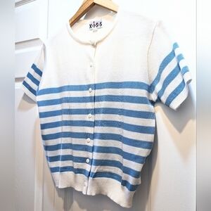 Vtg White, Blue Striped Knit Cardigan Top, Med.